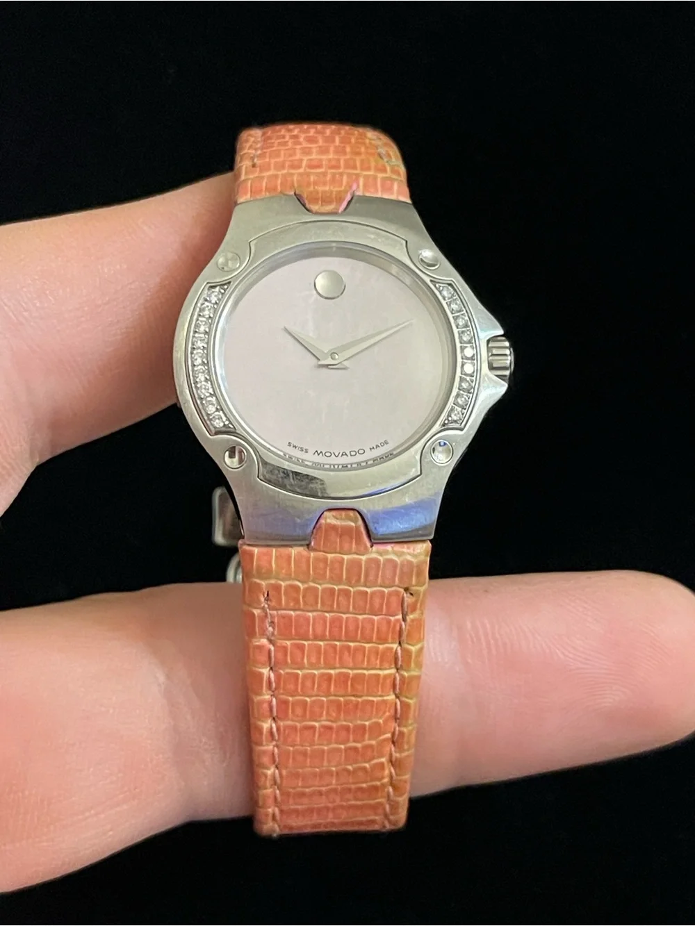 Ladies Movado SE Sports Edition Pink Dial Diamond Stainless Steel Watch 29mm